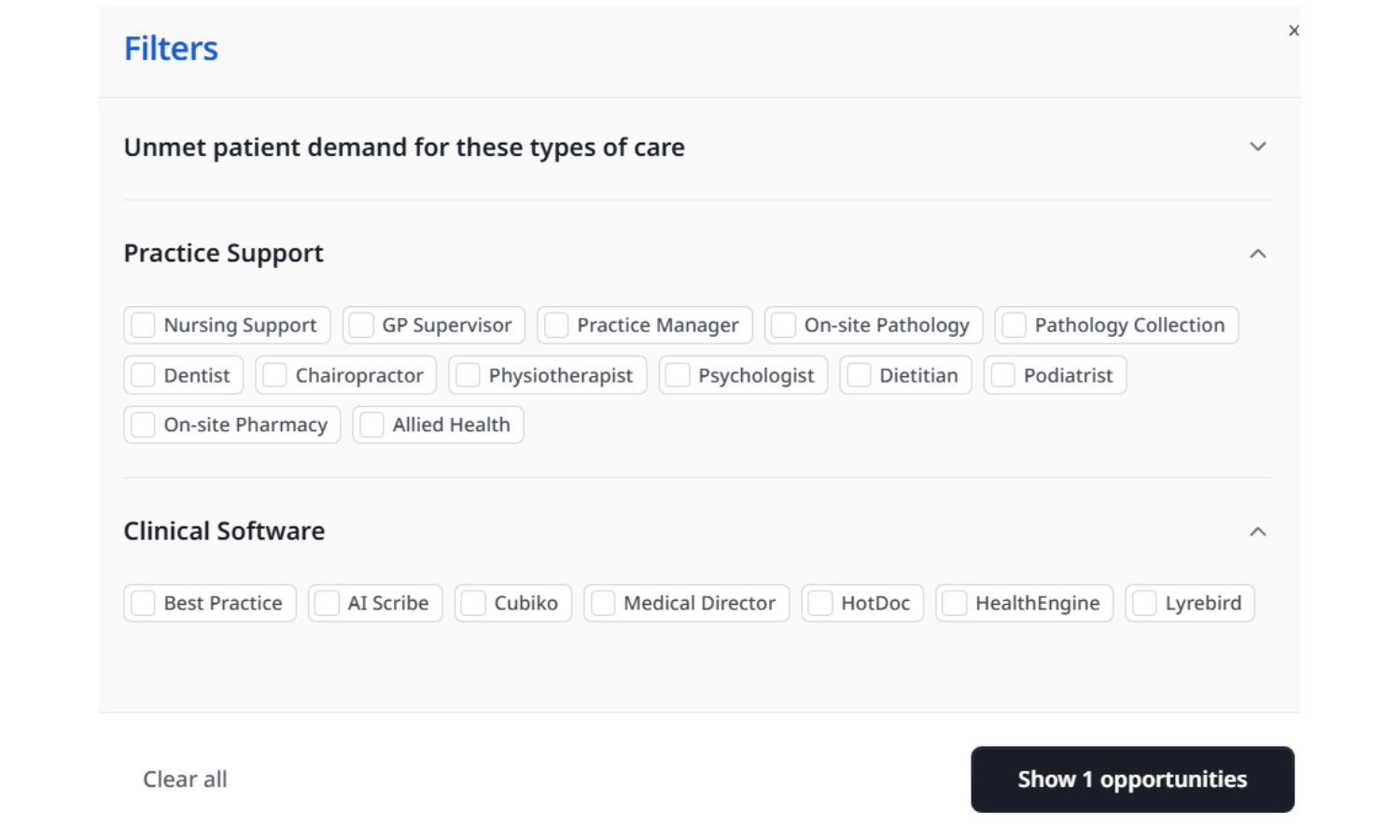 Advanced filtering options showing engagement model and practice type