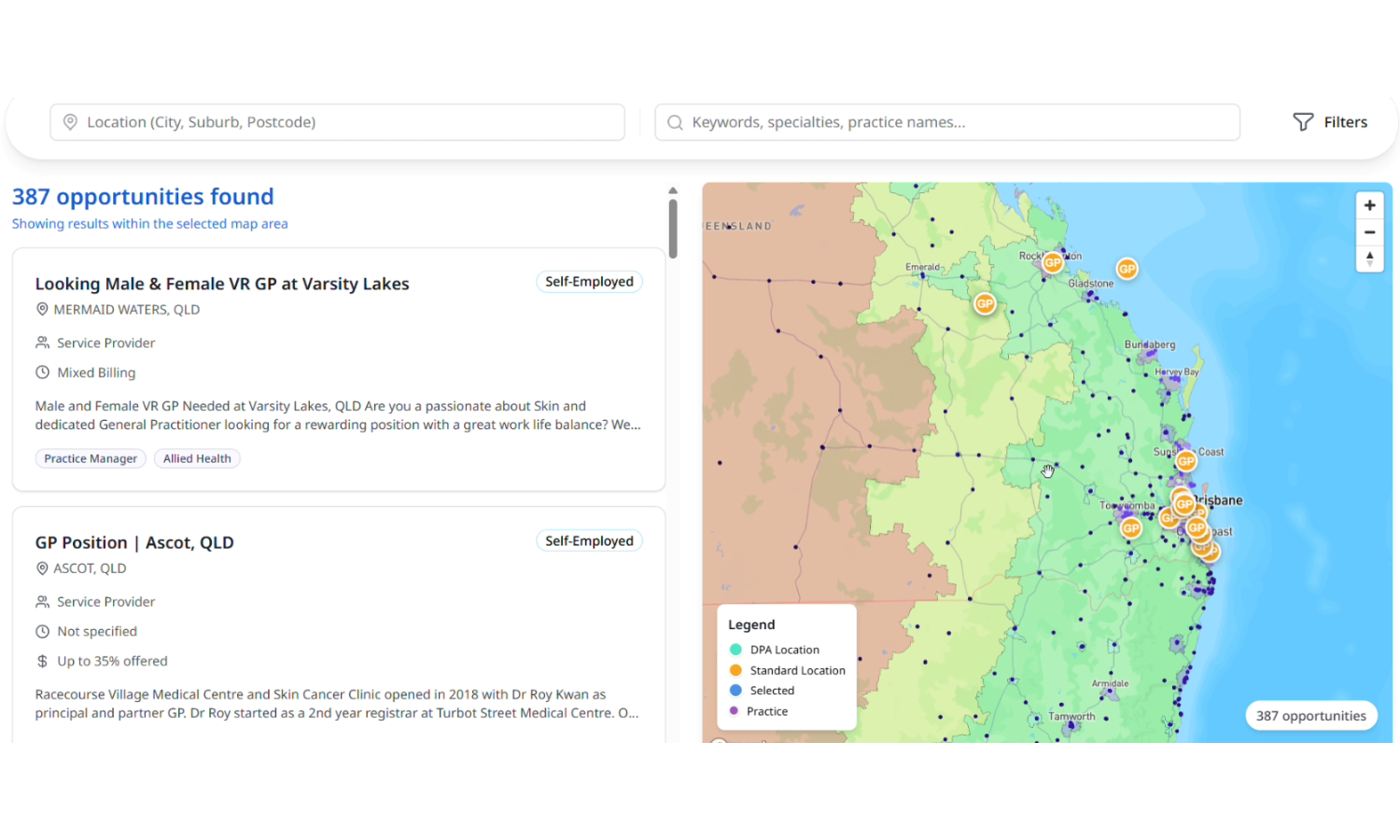 Map view showing opportunity locations across the region